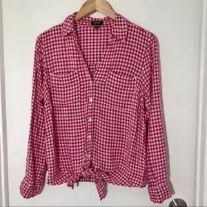Jones New York Tie Front Button Shirt Sz Sm Womens Pink & White Gingham Collared
